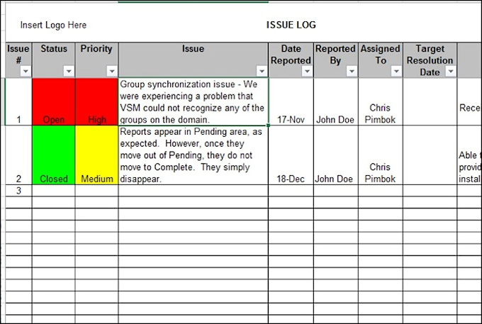 project management issues log template